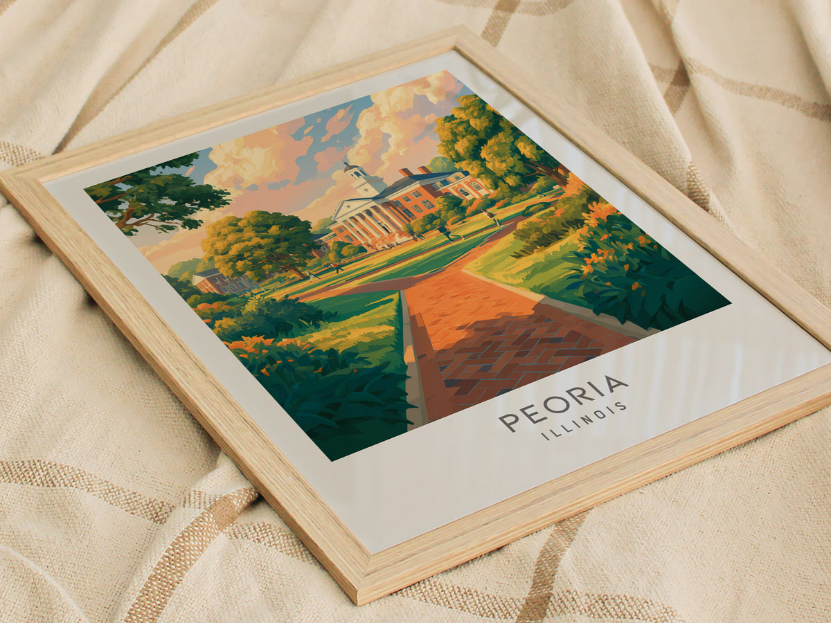 Peoria Matte Border Poster | Illinois Destination Print Travel Wall Art — styled in a modern interior