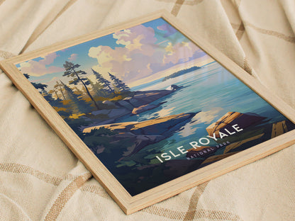 A framed poster depicting Isle Royale National Park features a scenic view of rocky shorelines, tall trees, and calm blue waters under a vibrant sky.
