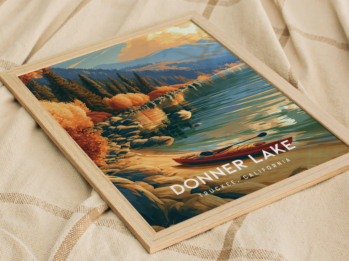 Donner Lake, Truckee, California Poster | Mountain Lake Travel Wall Art — styled in a modern interior