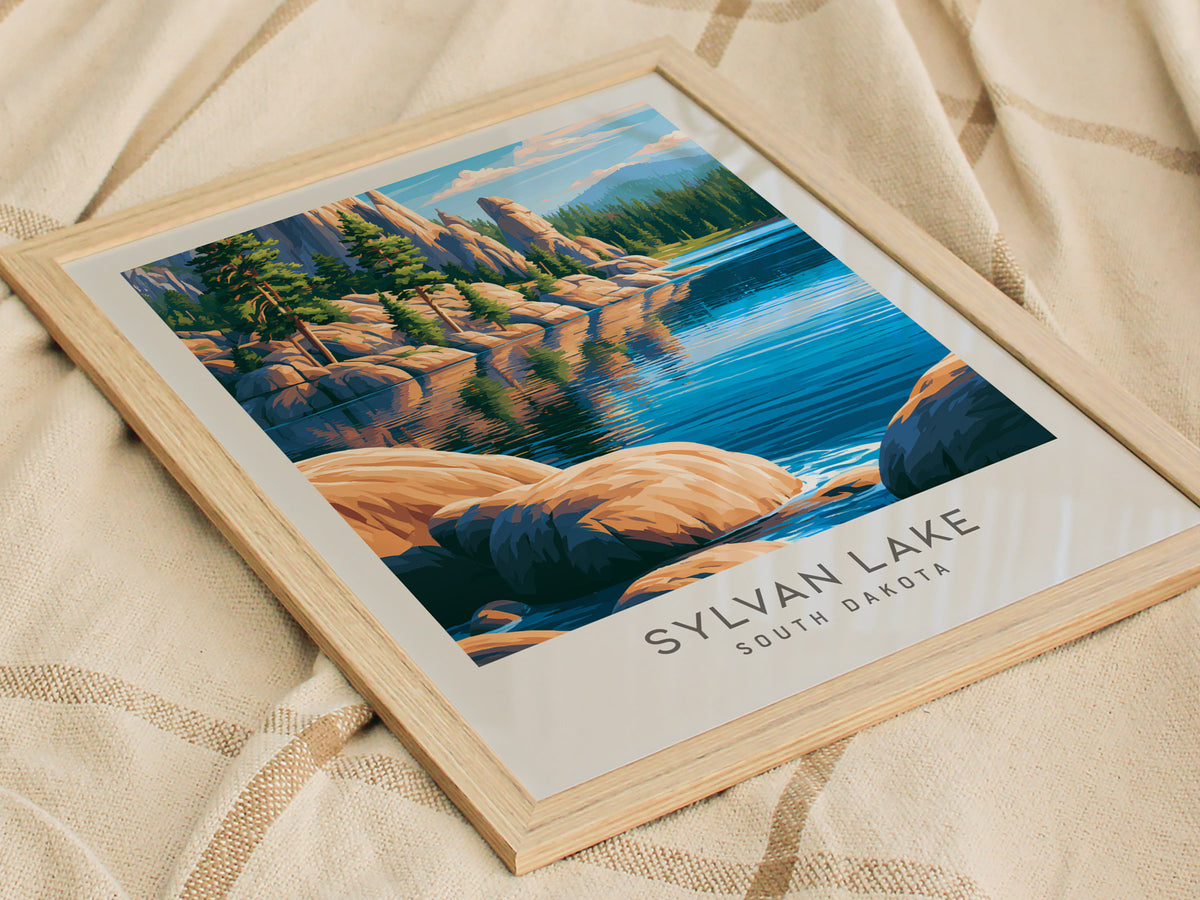 Sylvan Lake Matte Border Poster | South Dakota Destination Print Travel Wall Art — styled in a modern interior