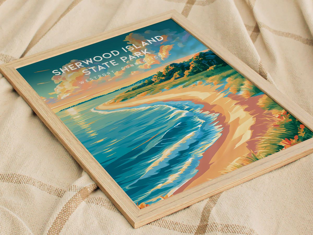 Sherwood Island State Park, Westport, Connecticut Poster | Seaside Travel Gift Wall Art — styled in a modern interior
