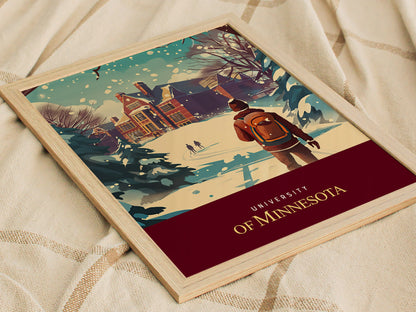 A framed poster shows a winter scene at the University of Minnesota, featuring a student with a backpack walking through snow towards a building, with trees in the background.