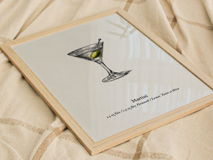 Martini Poster | Vintage Cocktail Scientific Illustration Wall Art — styled in a modern interior