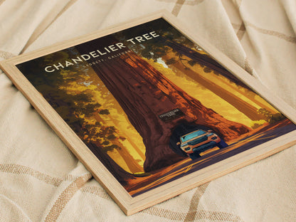 Framed poster of the Chandelier Tree in Leggett, California, featuring a car driving through the tunnel carved into the massive redwood, set against a warm, golden forest background.