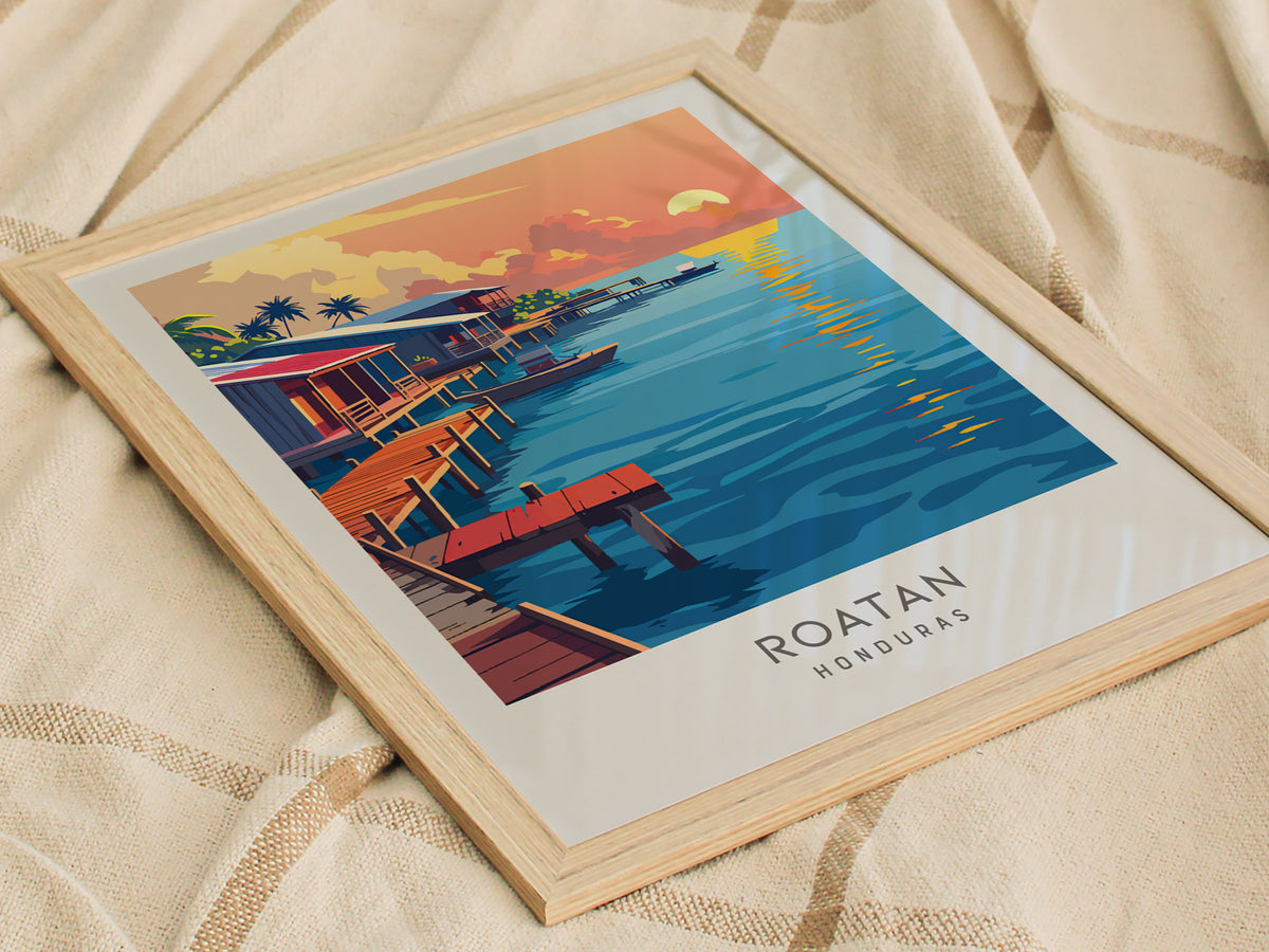 Roatan Matte Border Poster | Honduras Tropical Beach Print Travel Wall Art — styled in a modern interior