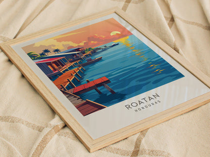 Roatan Matte Border Poster | Honduras Tropical Beach Print Travel Wall Art — styled in a modern interior