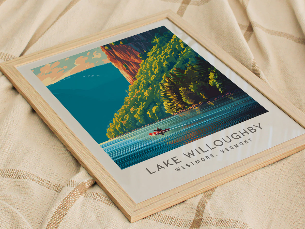 Lake Willoughby Matte Border Poster | Westmore, Vermont Destination Print — styled in a modern interior