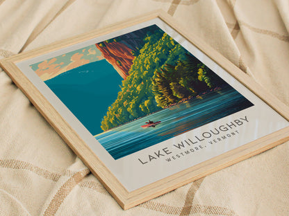 Lake Willoughby Matte Border Poster | Westmore, Vermont Destination Print — styled in a modern interior