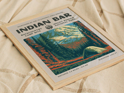 Indian Bar, Mount Rainier National Park Poster | Hiker Gift | Backcountry Trail Wall Art — styled in a modern interior