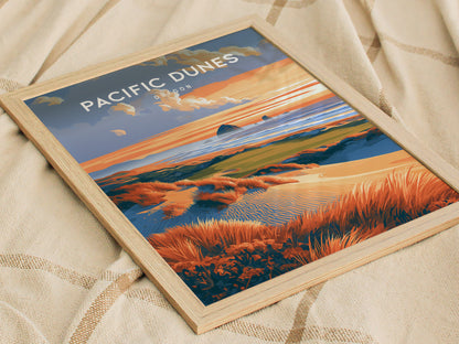 Pacific Dunes, Oregon Poster | Windswept Coast Destination Print Wall Art — styled in a modern interior