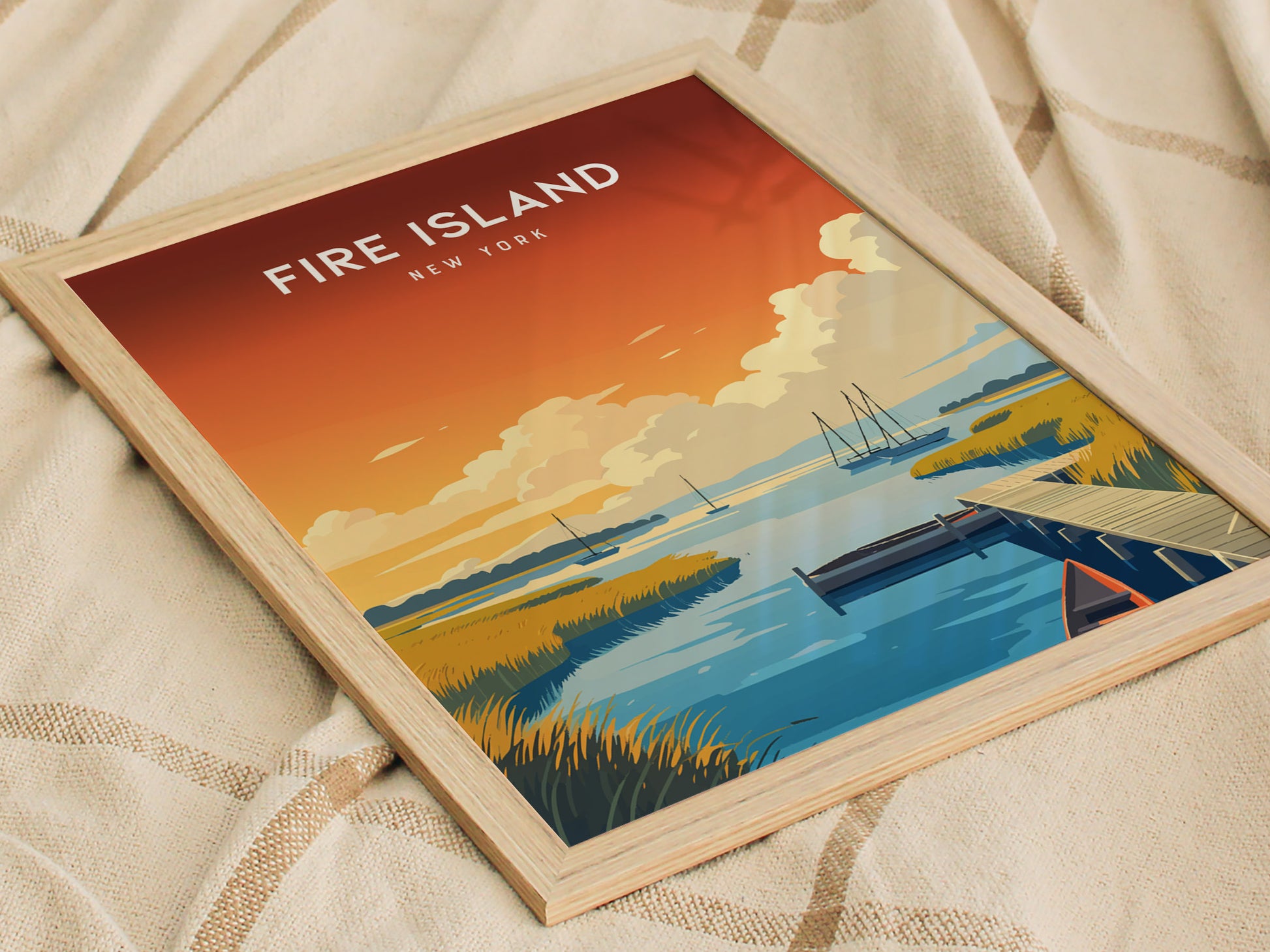 Fire Island, New York Poster | Dunes & Lighthouse Seaside Wall Art — styled in a modern interior
