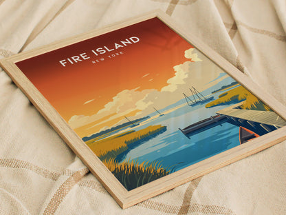 Fire Island, New York Poster | Dunes & Lighthouse Seaside Wall Art — styled in a modern interior