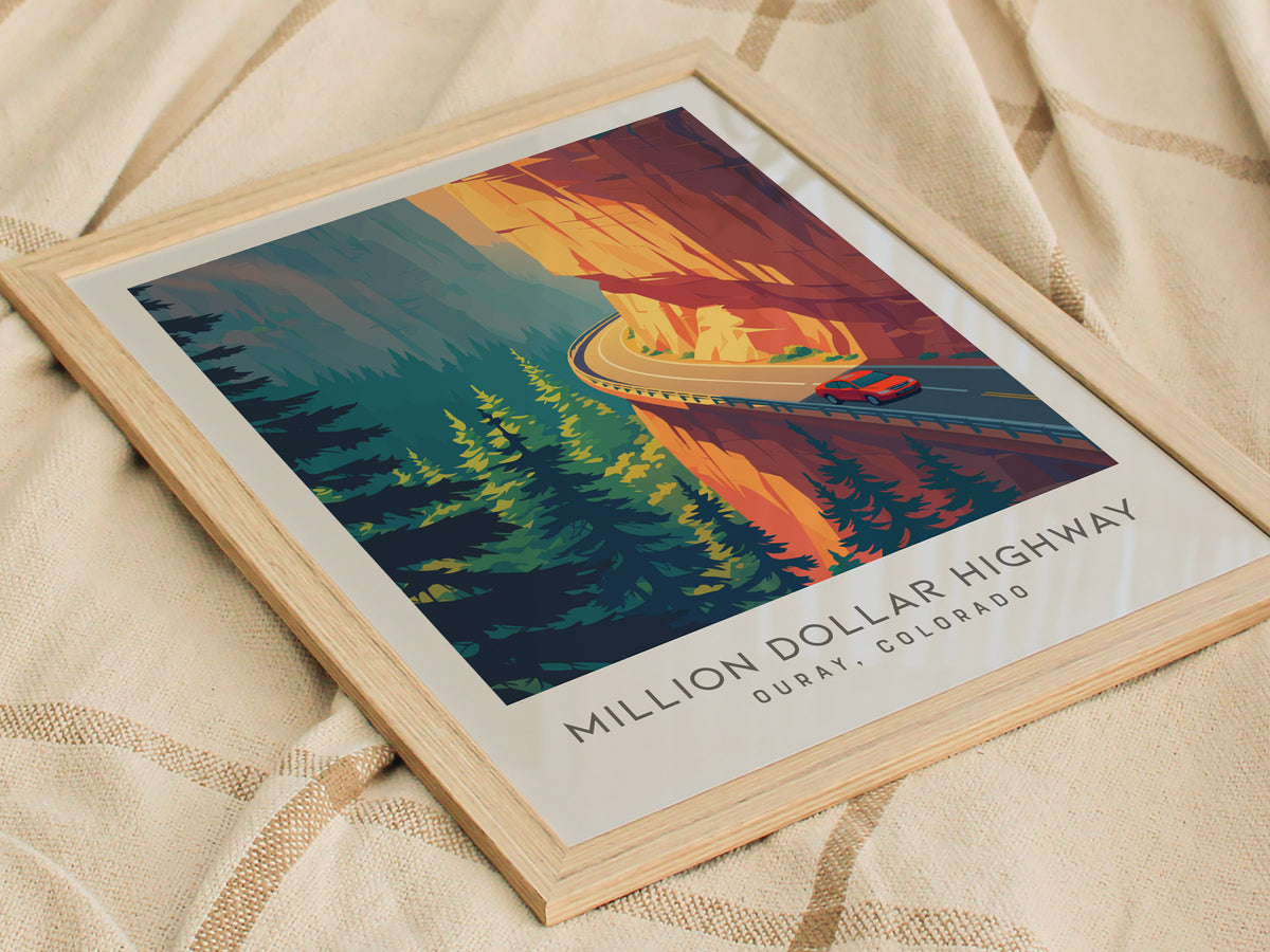 Million Dollar Highway Matte Border Poster | Ouray, Colorado Destination Print — styled in a modern interior