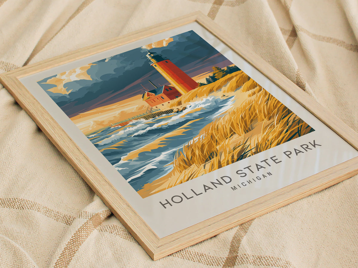 Holland State Park Matte Border Poster | Michigan Travel Wall Art — styled in a modern interior