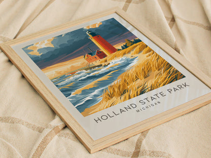 Holland State Park Matte Border Poster | Michigan Travel Wall Art — styled in a modern interior