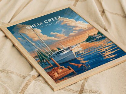 Shem Creek, Charleston, South Carolina Poster | Shrimp Boats & Marsh Sunset Wall Art — styled in a modern interior
