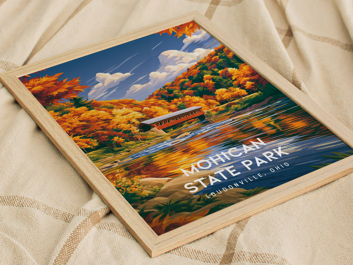 Mohican State Park, Loudonville, Ohio Poster | Wilderness River & Forest Travel Wall Art — styled in a modern interior