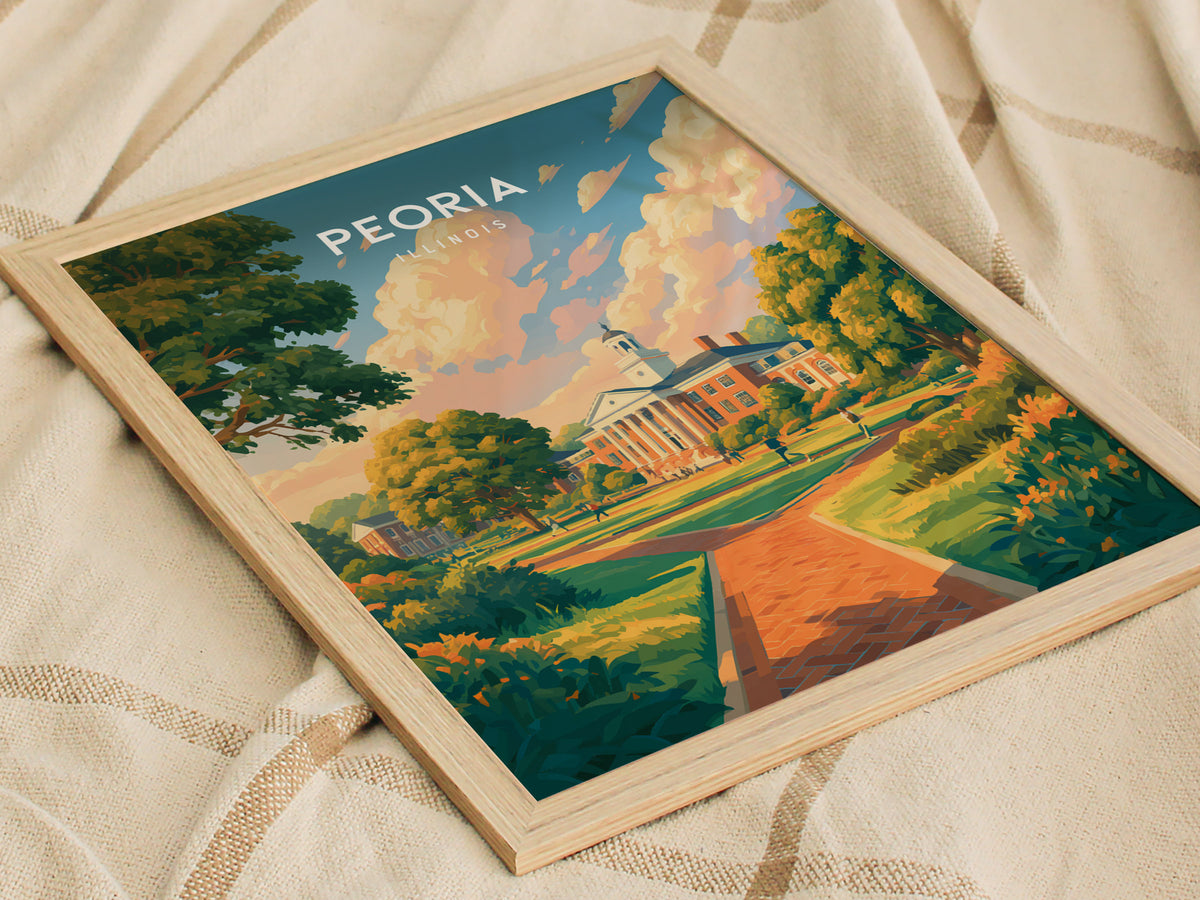 Peoria, Illinois Poster | River City Charm Framed or Unframed Wall Art — styled in a modern interior