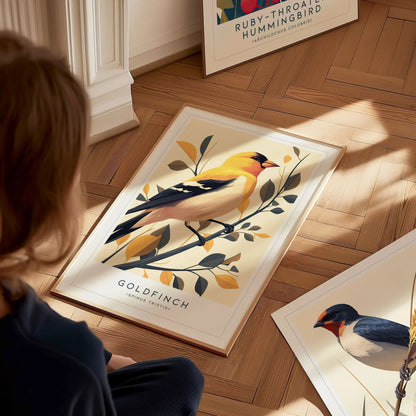 Goldfinch Modern Framed Wall Art, Cottagecore Minimal Nature Gold Bird Wildlife Poster, Finch Audubon Farm Decor Travel Print Birder Gift - Swell Scenes