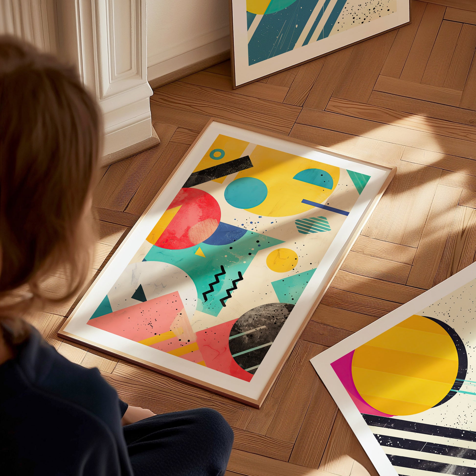 A person sits on the floor, looking at a framed poster featuring bold, colorful geometric shapes on a wooden floor, with additional artwork nearby.