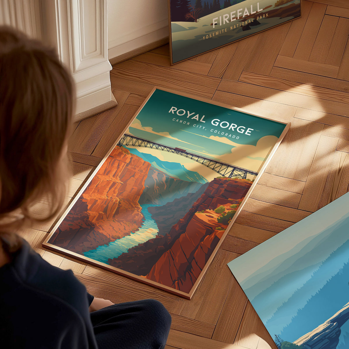 Royal Gorge, Canon City, Colorado Poster | Dramatic Canyon Bridge Destination Print Wall Art — styled in a modern interior