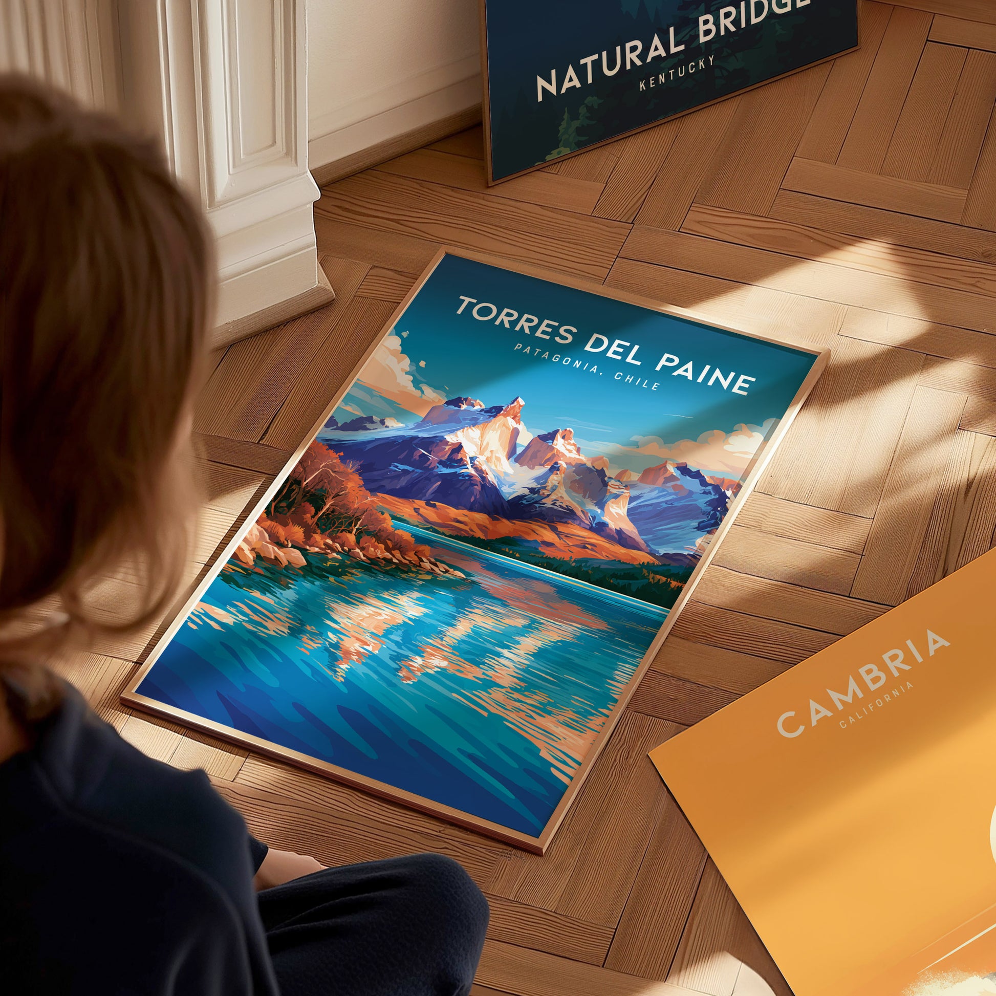 Torres del Paine, Patagonia Poster | Granite Peaks & Glacial Lake Wall Art — styled in a modern interior
