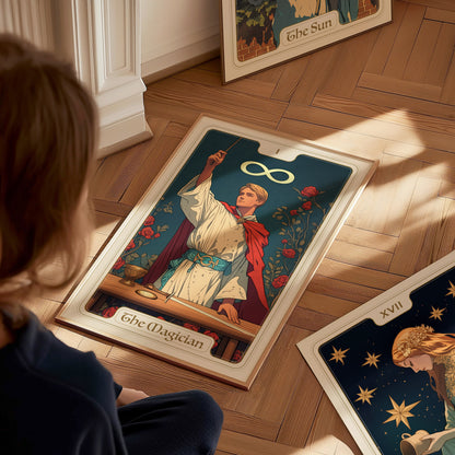 A person looks at a The Magician tarot card poster on the floor, featuring a figure with a wand, infinity symbol, and tarot suits.