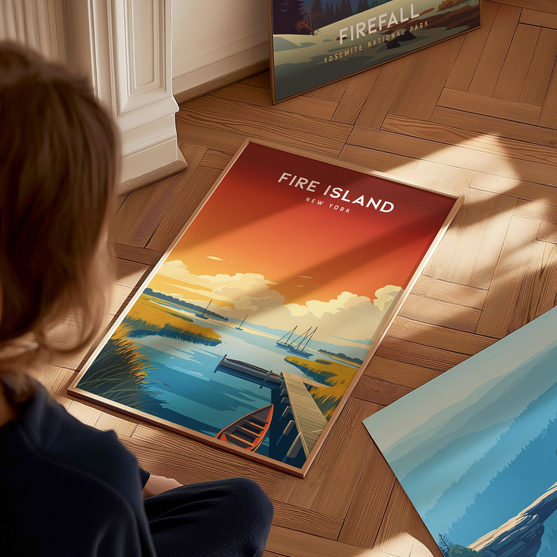Fire Island, New York Poster | Dunes & Lighthouse Seaside Wall Art — styled in a modern interior