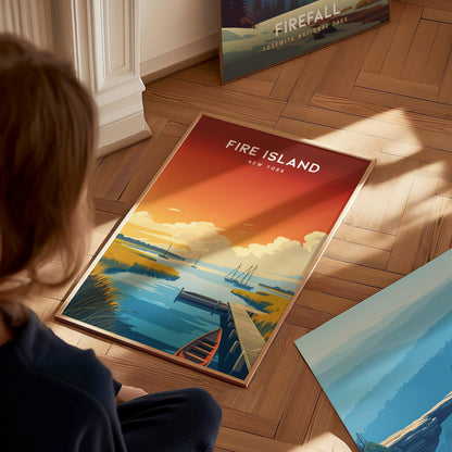 Fire Island, New York Poster | Dunes & Lighthouse Seaside Wall Art — styled in a modern interior