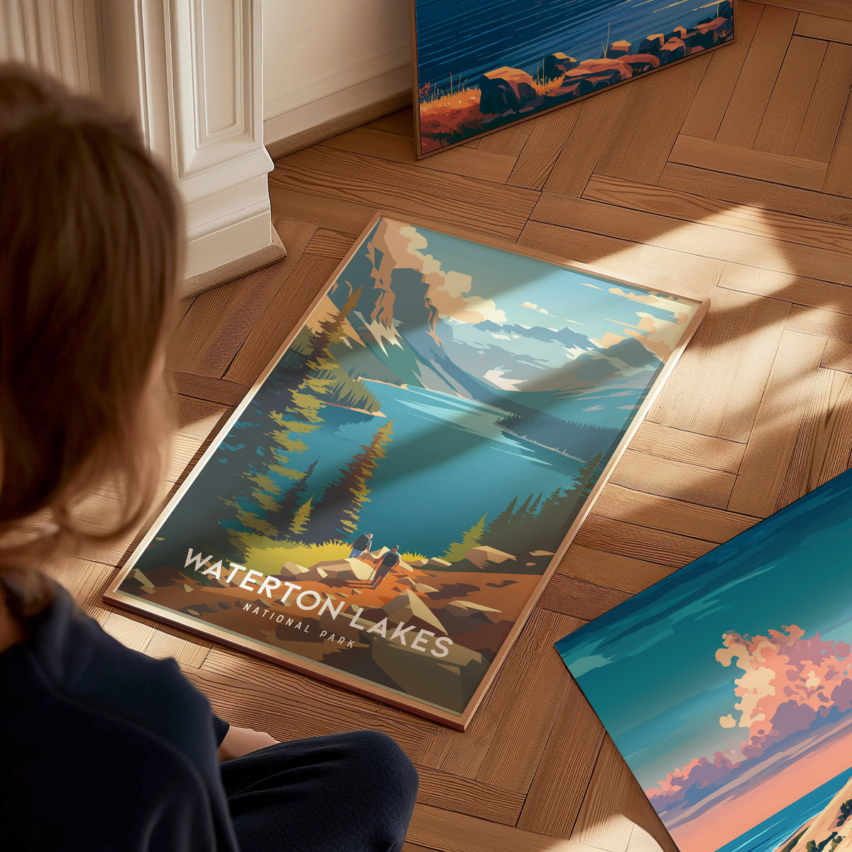 Waterton Lakes, National Park Canada Poster | Mountain Lake Destination Print Wall Art — styled in a modern interior