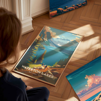 Waterton Lakes, National Park Canada Poster | Mountain Lake Destination Print Wall Art — styled in a modern interior
