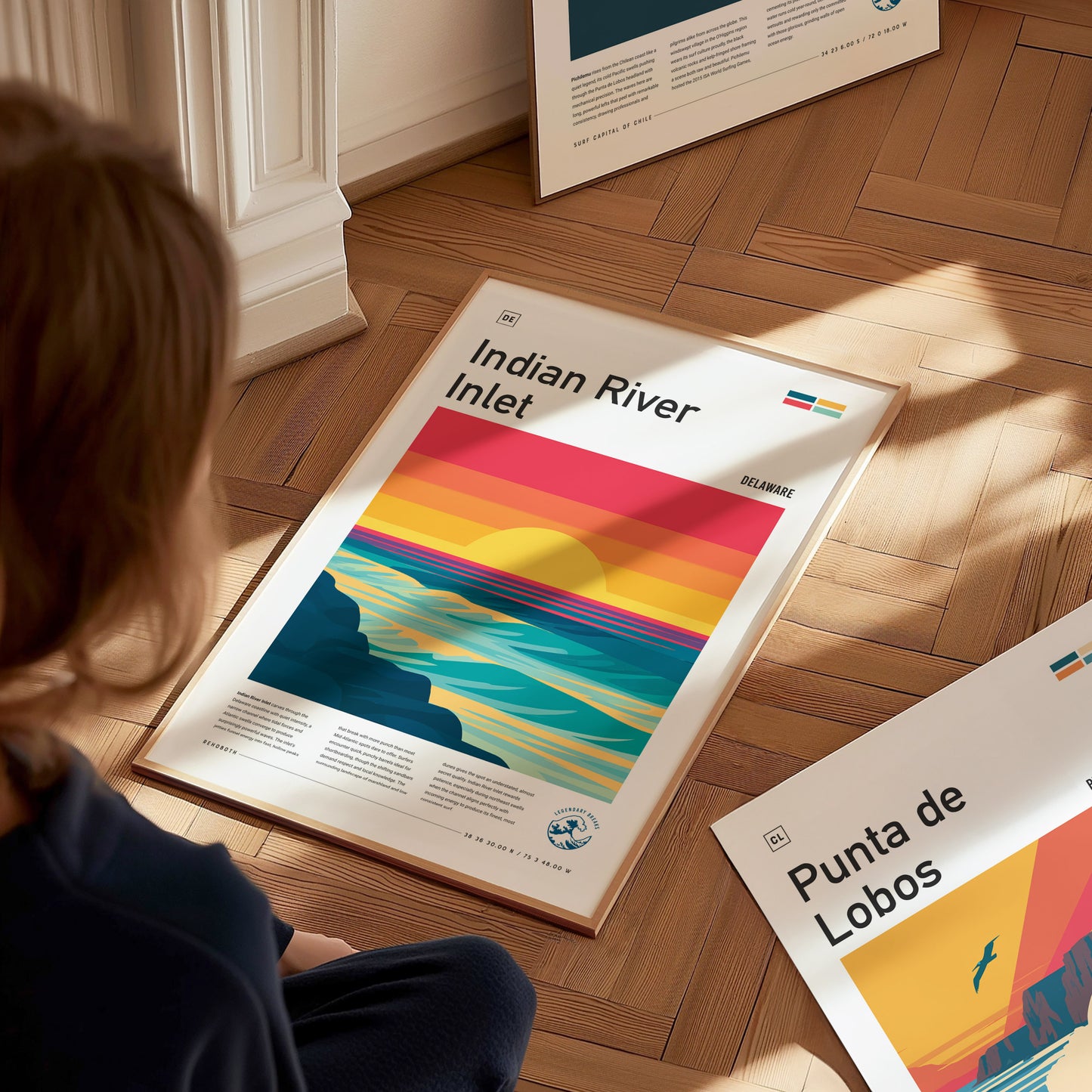 Indian River Inlet, Delaware Poster | Surf & Bridge Coastal Wall Art — styled in a modern interior