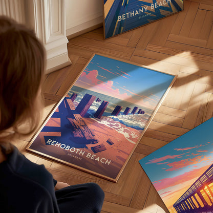 A person looks at a vibrant Rehoboth Beach poster on a wooden floor, depicting a coastal scene with pink clouds and ocean waves. Another poster is partially visible nearby.