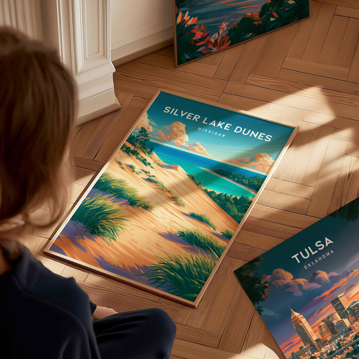 Silver Lake Dunes, Michigan Poster | Sand Dunes & Lakeshore Destination Print Wall Art — styled in a modern interior