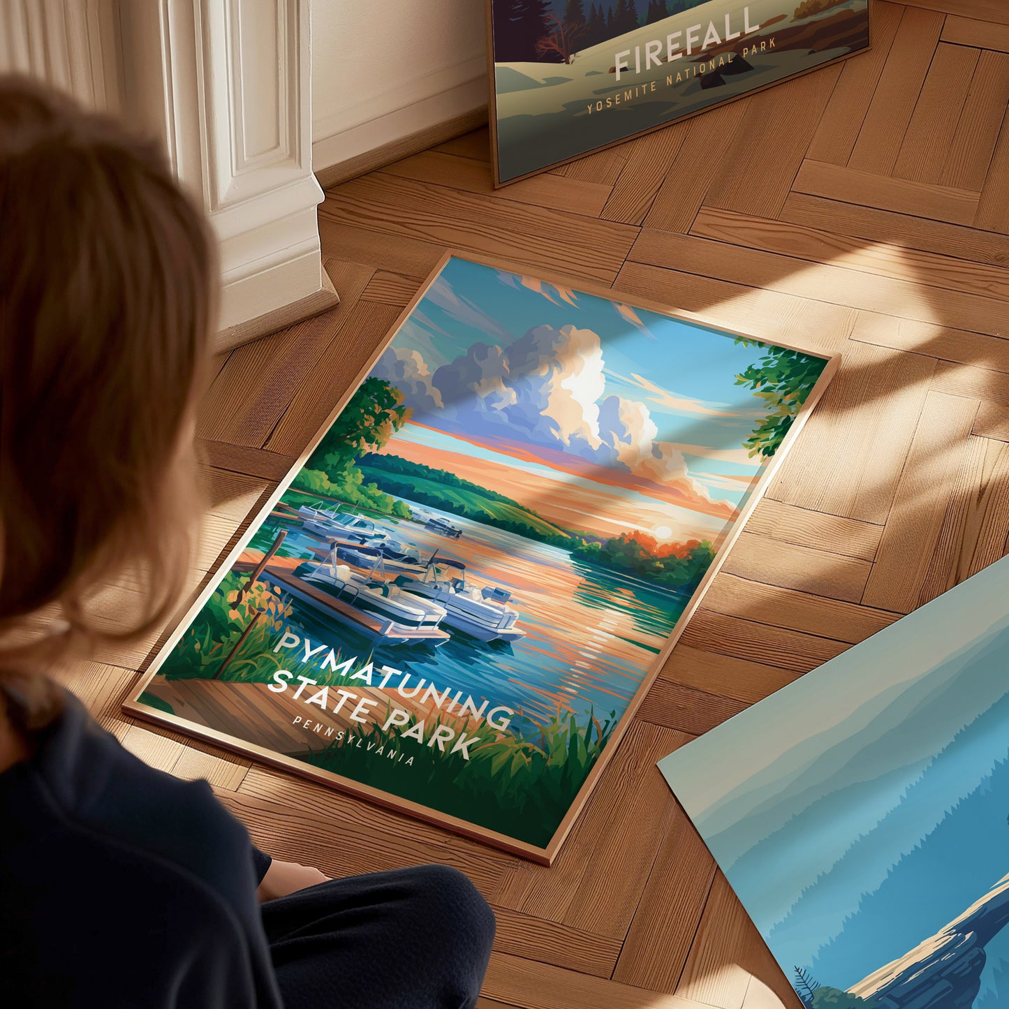 Pymatuning State Park, Pennsylvania Poster | Lakeside Geese & Spillway Wall Art — styled in a modern interior