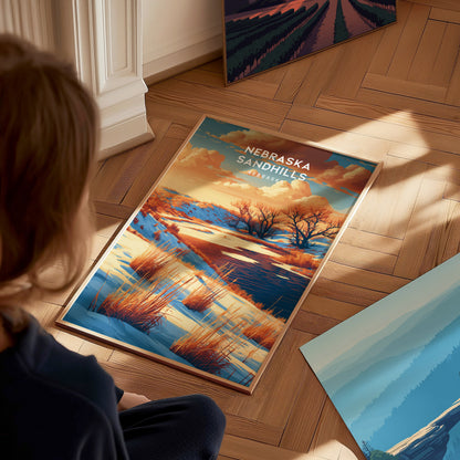 Nebraska Sandhills, Nebraska Poster | Rolling Prairie Grasslands Travel Wall Art — styled in a modern interior