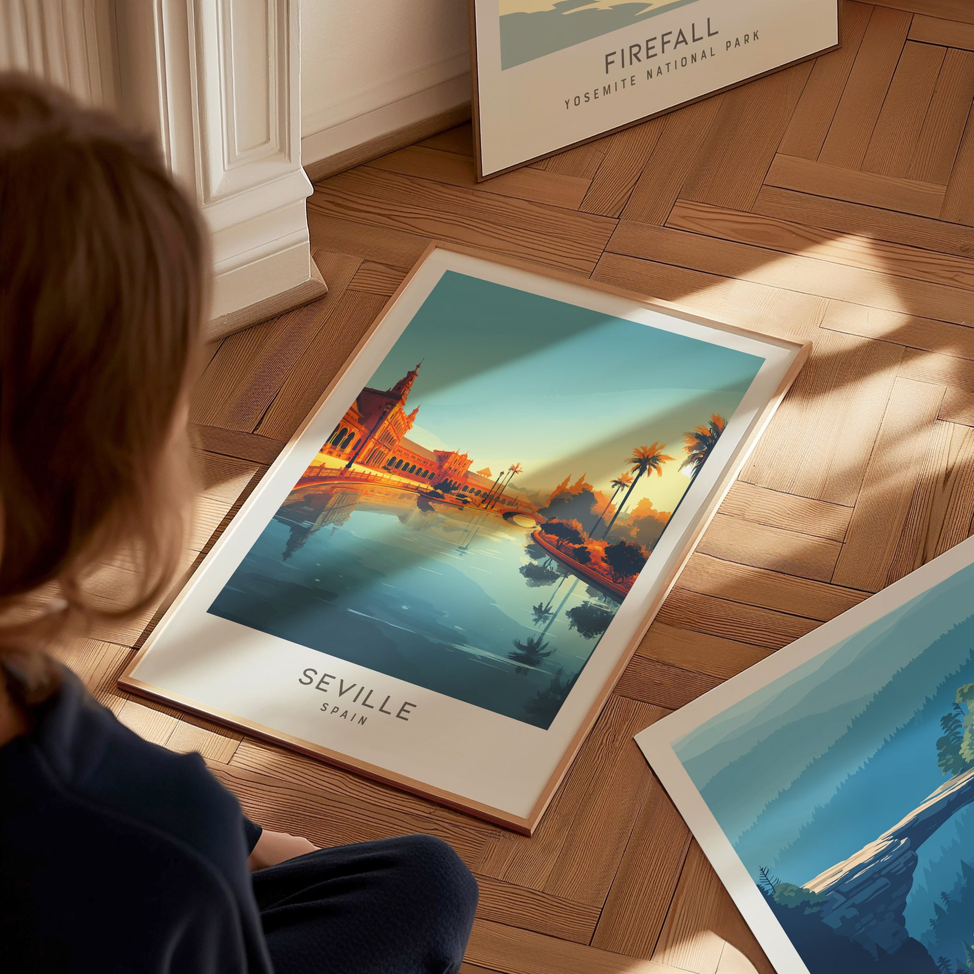 Seville Matte Border Poster | Spain Destination Print Travel Wall Art — styled in a modern interior