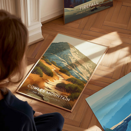 Cowles Mountain, San Diego Poster | Golden Summit Trail Panorama Wall Art — styled in a modern interior