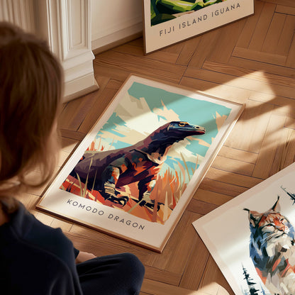 Komodo Dragon Poster | Ancient Reptile Wildlife Wall Art — styled in a modern interior