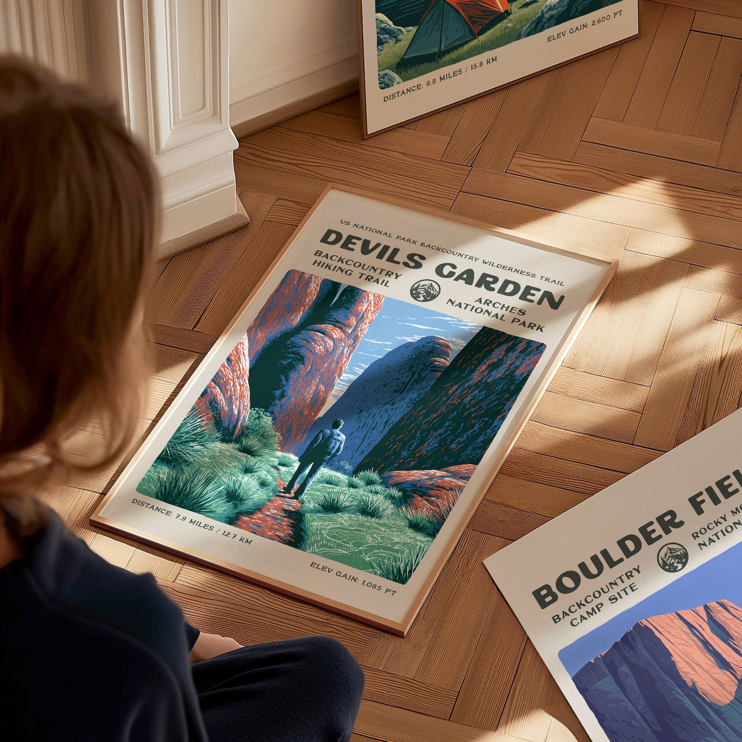 Devils Garden, Arches National Park Poster | Hiker Gift | Sandstone Fins & Arches Wall Art — styled in a modern interior