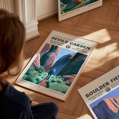 Devils Garden, Arches National Park Poster | Hiker Gift | Sandstone Fins & Arches Wall Art — styled in a modern interior