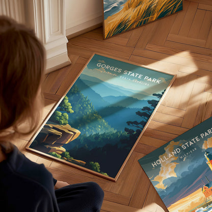 Gorges State Park, Sapphire, North Carolina Poster | Waterfall & Mountain Forest Travel Wall Art — styled in a modern interio