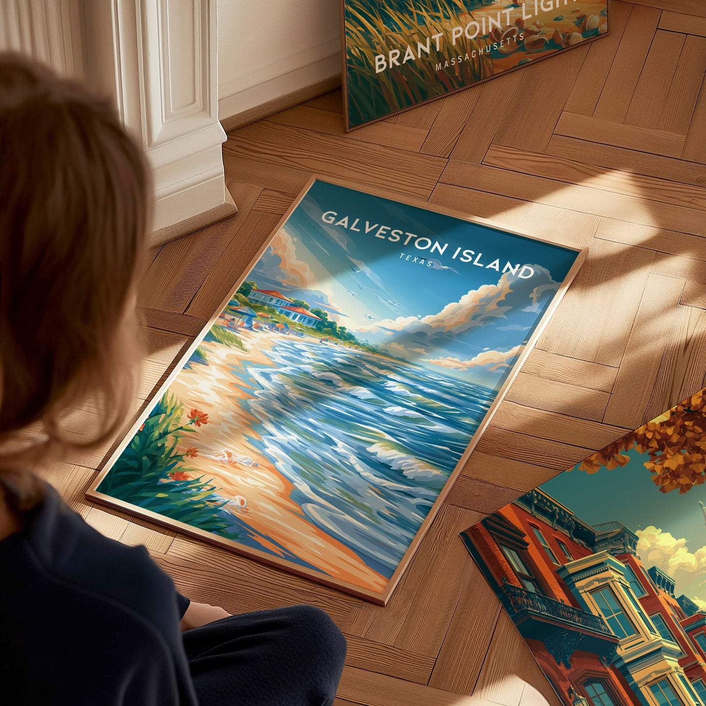 Galveston Island, Texas Poster | Seaside Pier & Gulf Coast Wall Art — styled in a modern interior
