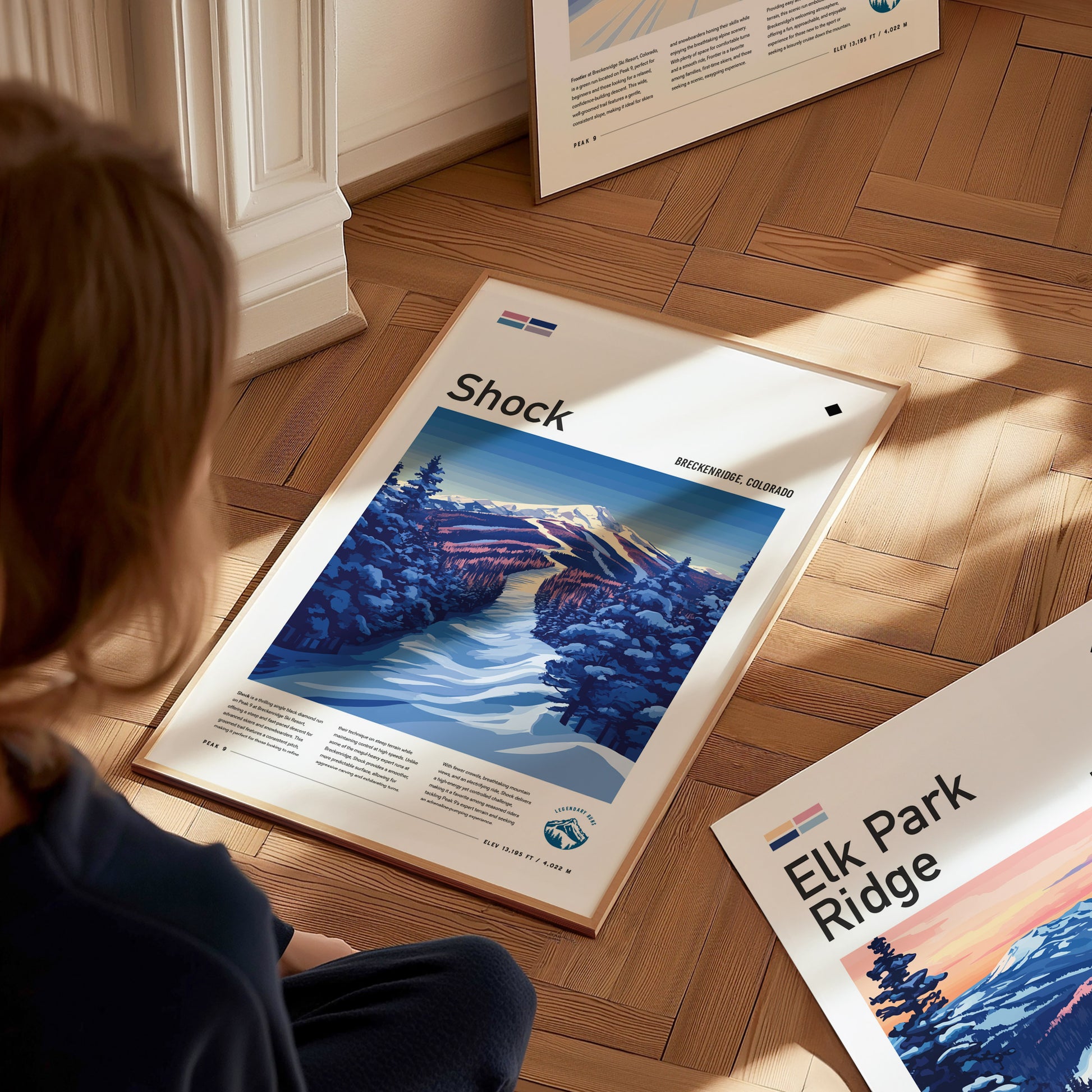 A person sitting on a wooden floor looks at a framed poster titled Shock depicting a snowy mountain scene with trees. Another poster titled Elk Park Ridge is partially visible.