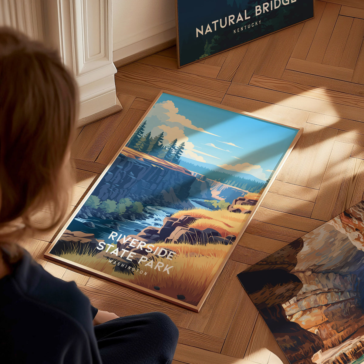 Riverside State Park, Washington Poster | Scenic River Trail Destination Print Wall Art — styled in a modern interior