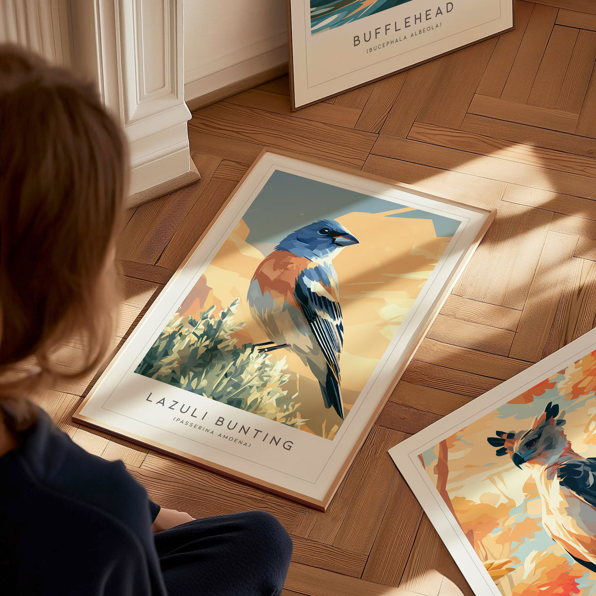 Lazuli Bunting, Passerina amoena Poster | Vibrant Songbird Nature Poster Wall Art — styled in a modern interior