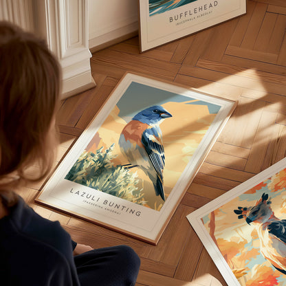 Lazuli Bunting, Passerina amoena Poster | Vibrant Songbird Nature Poster Wall Art — styled in a modern interior