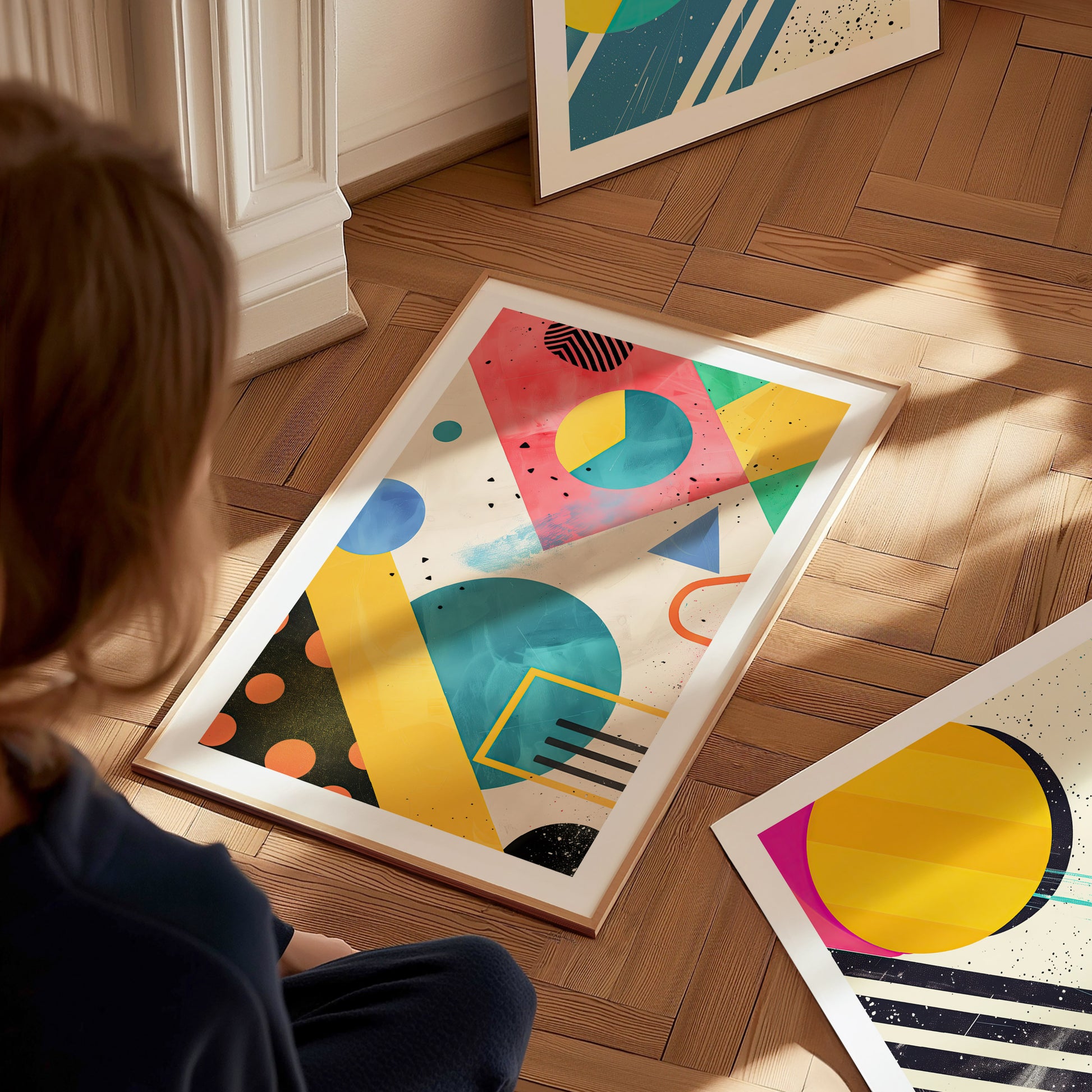 A person sits on a wooden floor, observing colorful abstract geometric art prints featuring circles, triangles, and bold colors like yellow, blue, and pink, with sunlight streaming.