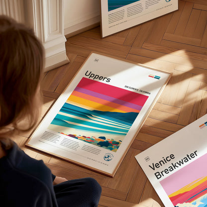 Uppers, Trestles Poster | Golden Hour Barrel Surf Wall Art — styled in a modern interior