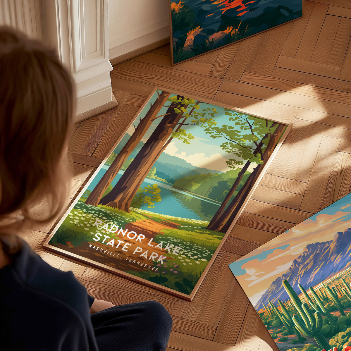 Radnor Lake State Park, Nashville, Tennessee Poster | Woodland Lake Serenity Travel Wall Art — styled in a modern interior